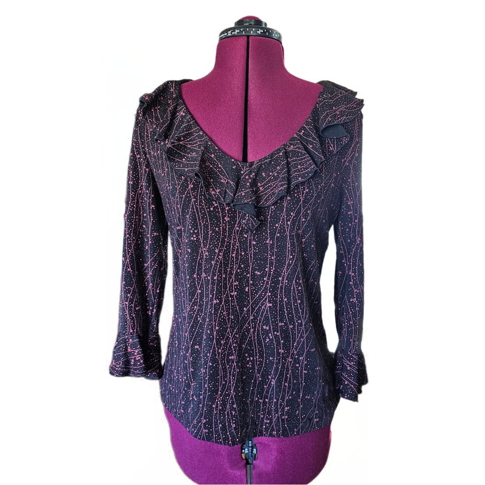 Metaphor Black and Red Sparkly Shiny Patterned 3/4 Sleeve Blouse Medium